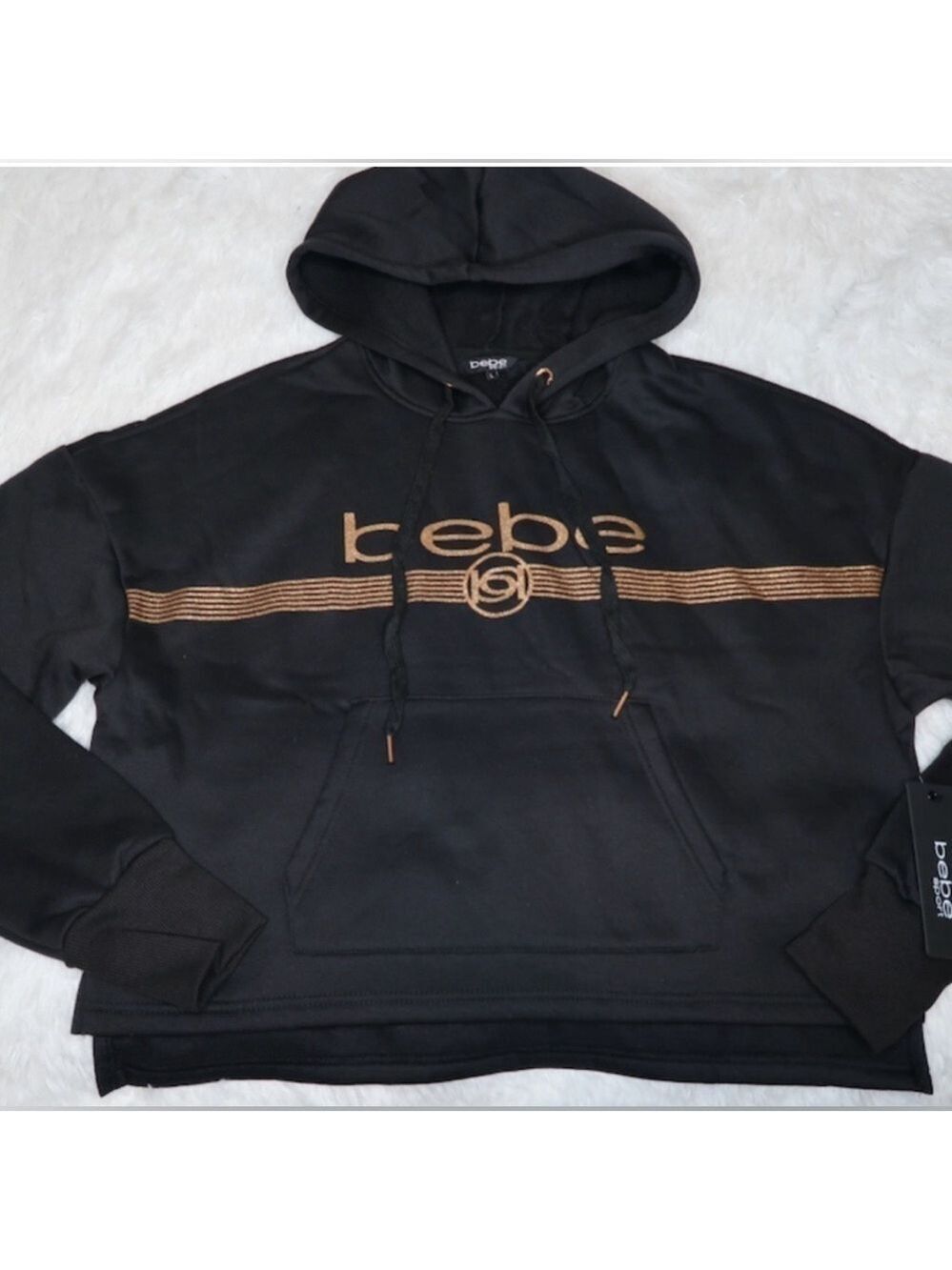Bebe Sport Rose Gold Glitter Logo Hoodie Black 3X NWT